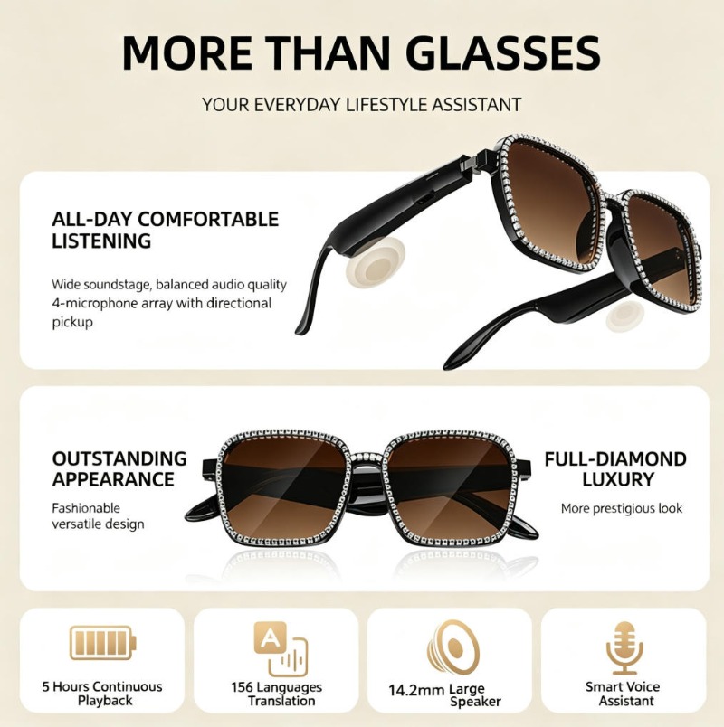 Rhinestone Smart Audio Sunglas - Audio Music Bluetooth 评论和价格